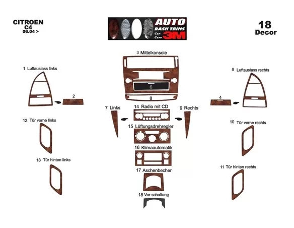 Citroen C4 06.04-09.10 3D Interior Dashboard Trim Kit Dash Trim Dekor 18-Parts