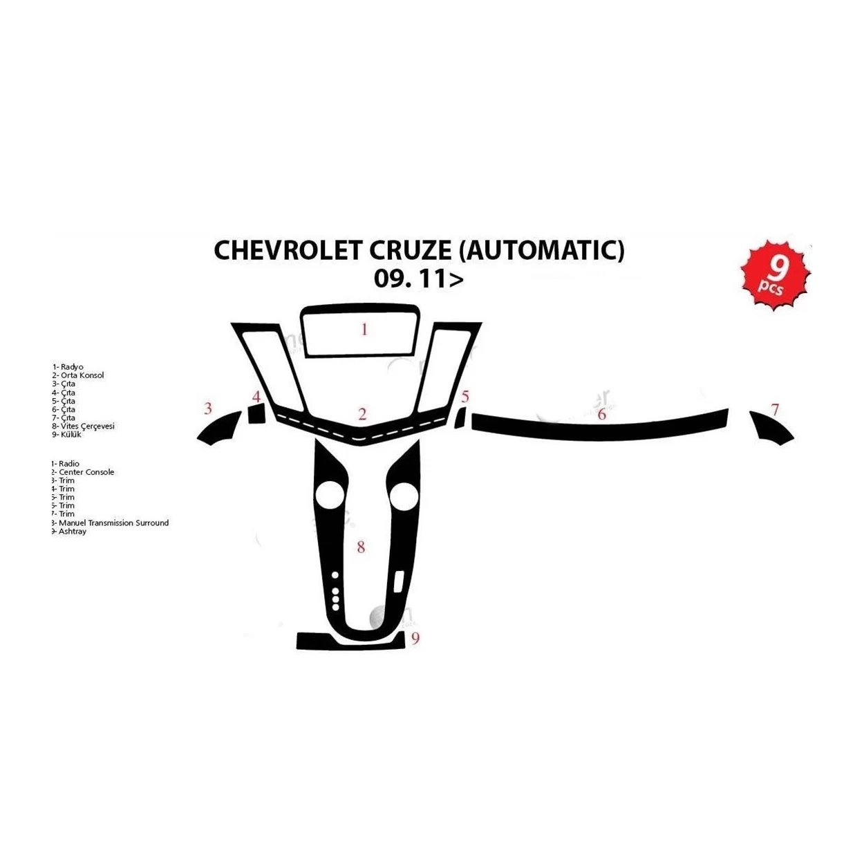 Chevrolet Cruse Automatic 01.2009 3D Interior Dashboard Trim Kit Dash Trim Dekor 9-Parts