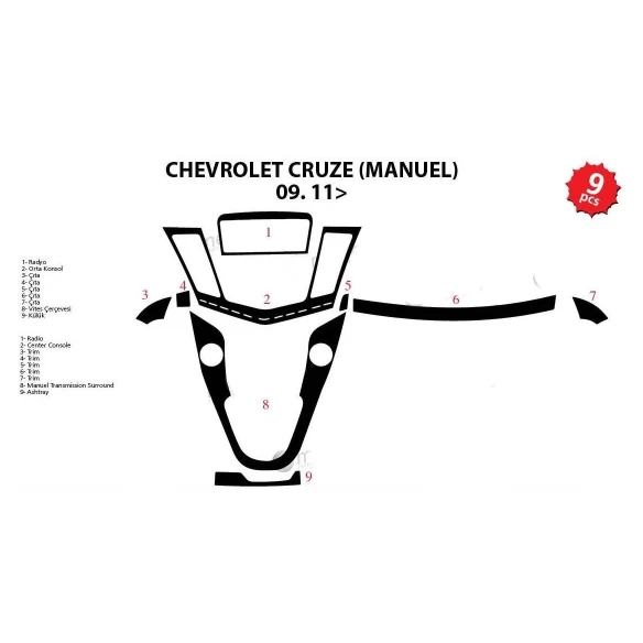 Chevrolet Cruse Manuel 01.2009 3D Interior Dashboard Trim Kit Dash Trim Dekor 9-Parts
