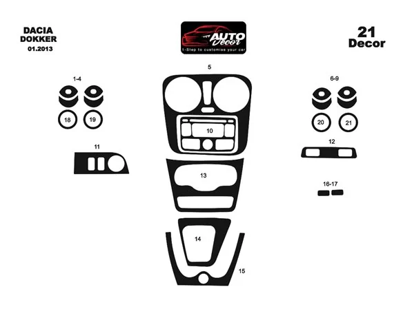 Dacia Dokker 01.2013 3D Interior Dashboard Trim Kit Dash Trim Dekor 21-Parts