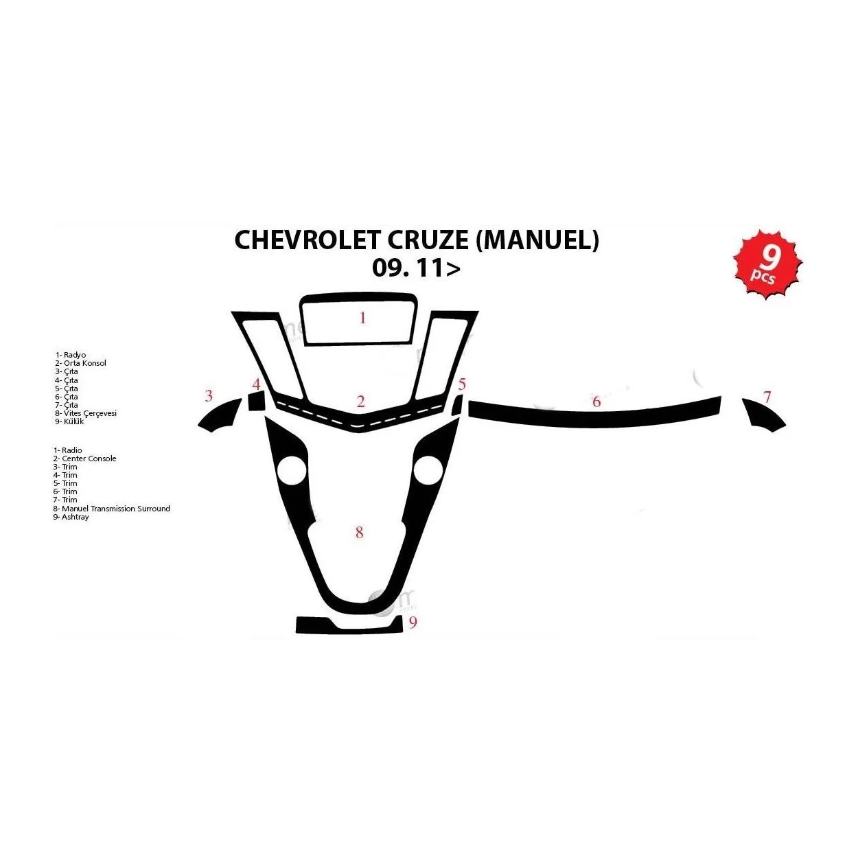 Chevrolet Cruse Manuel 01.2009 3D Interior Dashboard Trim Kit Dash Trim Dekor 9-Parts