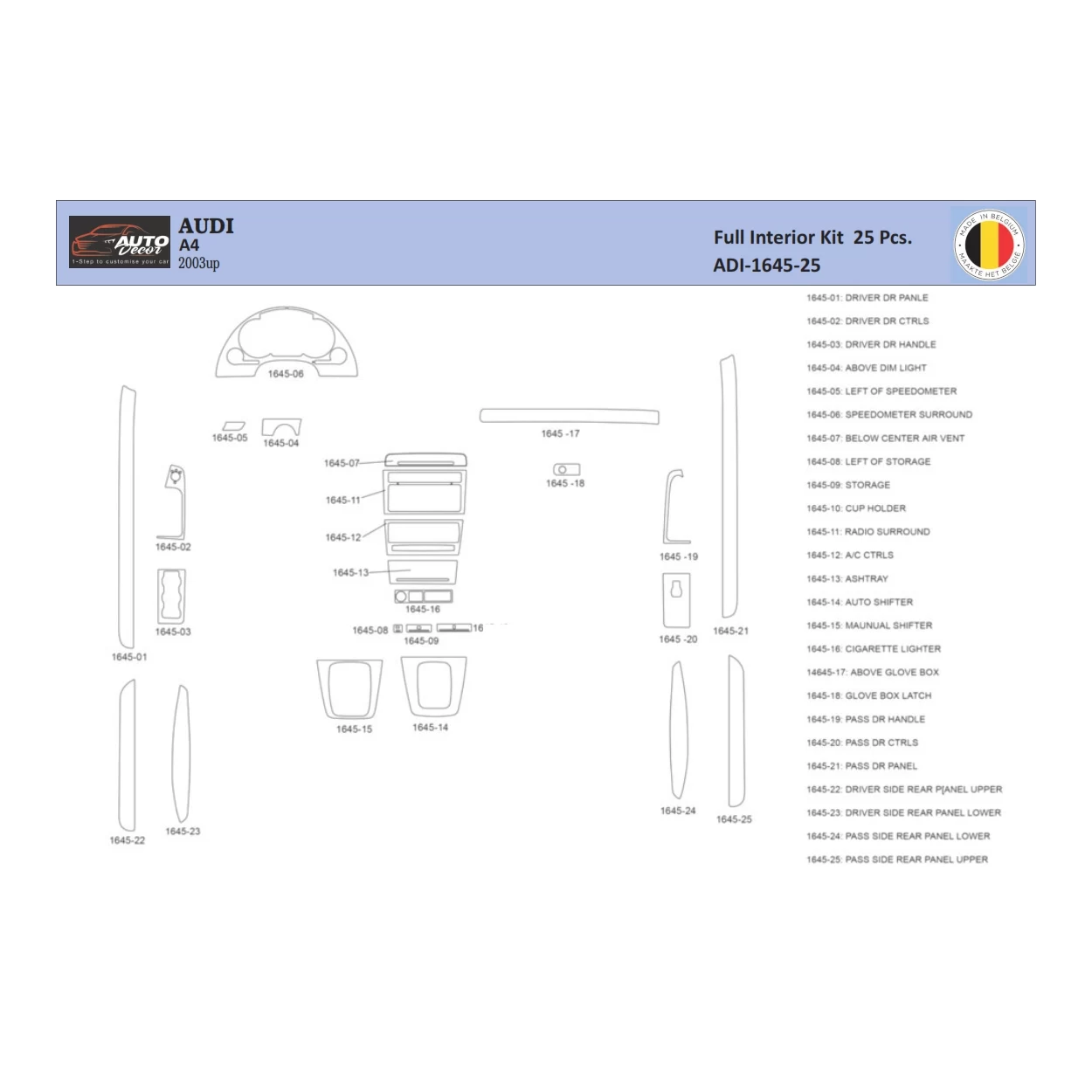 Audi A4 B6 2000–2006 Interior WHZ Dashboard trim kit 25 Parts