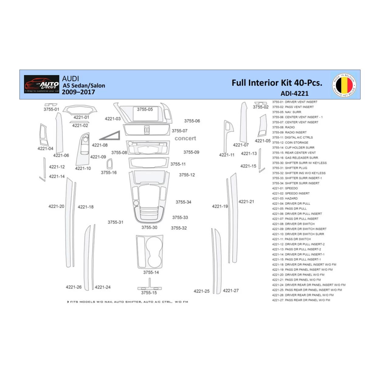 Audi A5 2008–2016 Interior WHZ Dashboard trim kit 40 Parts