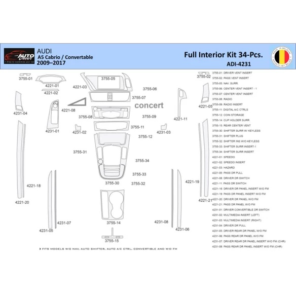 Audi A5 Cabrio 2008–2016 Interior WHZ Dashboard trim kit 40 Parts