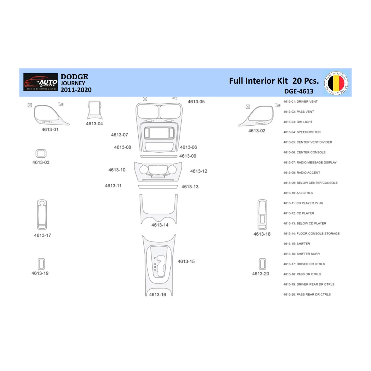 Dodge Journey 2011-2022 Interior WHZ Dashboard trim kit 20 Parts