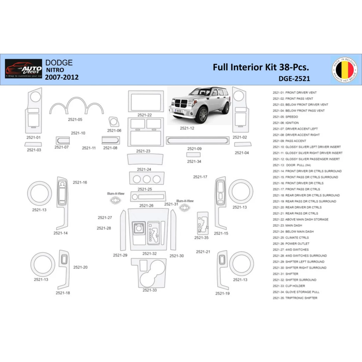 Dodge Nitro 2007-2012 Interior WHZ Dashboard trim kit 38 Parts