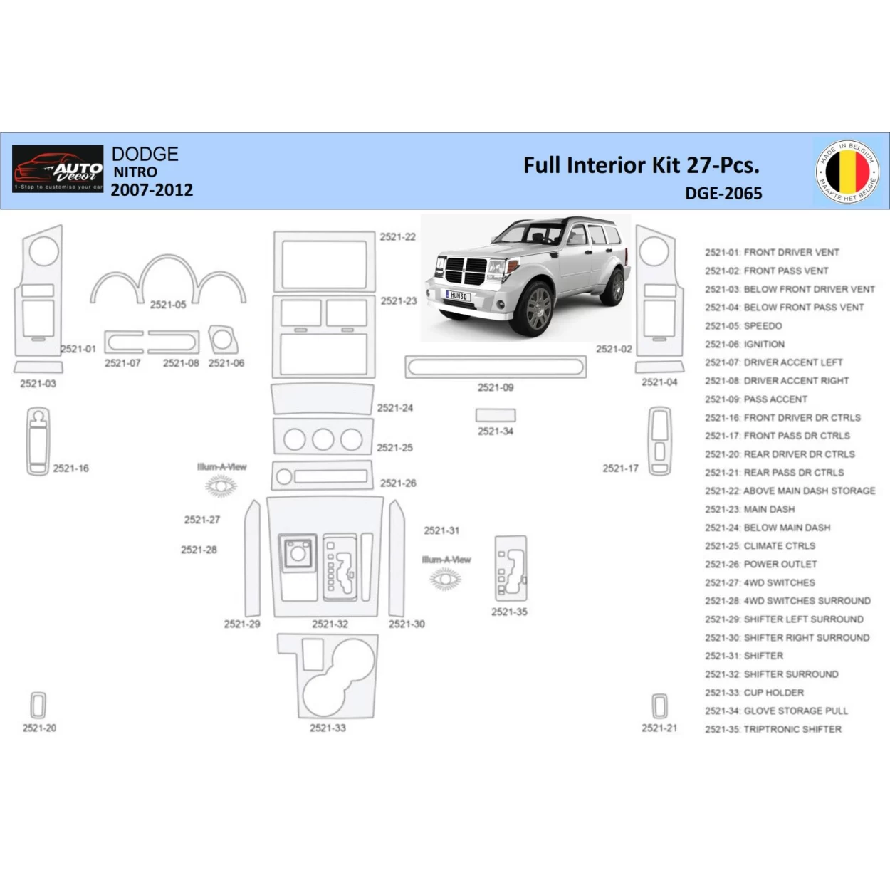 Dodge Nitro 2007-2012 Interior WHZ Dashboard trim kit 37 Parts