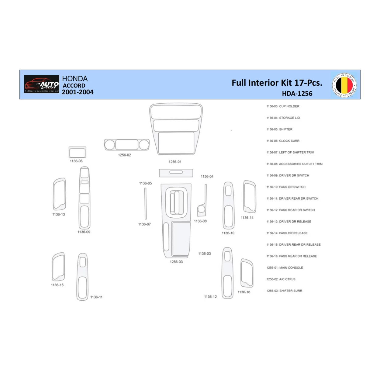 Honda Accord 2001-2004 Interior WHZ Dashboard trim kit 17 Parts