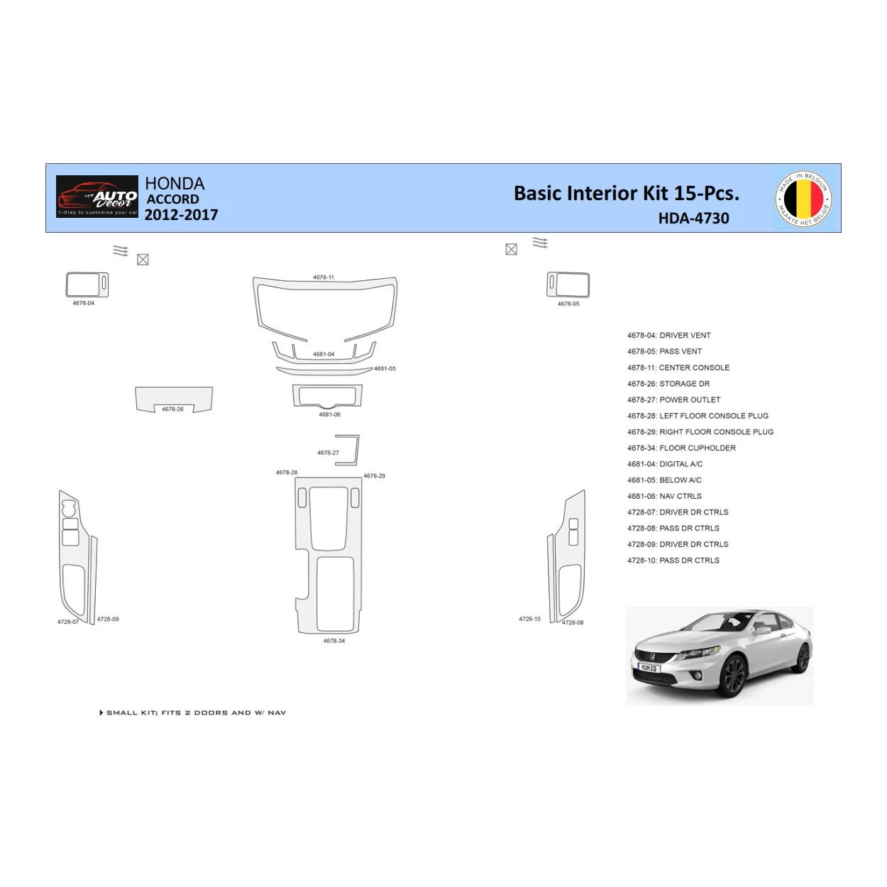 Honda Accord 2014-2022 Interior WHZ Dashboard trim kit 15 Parts