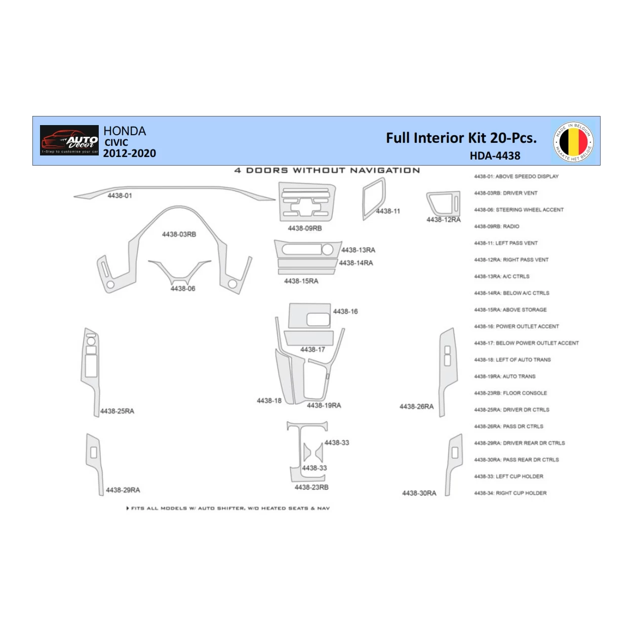 Honda Civic X 2012-2015 Interior WHZ Dashboard trim kit 20 Parts
