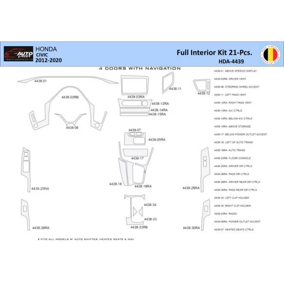 Honda Civic X 2012-2015 Interior WHZ Dashboard trim kit 21 Parts