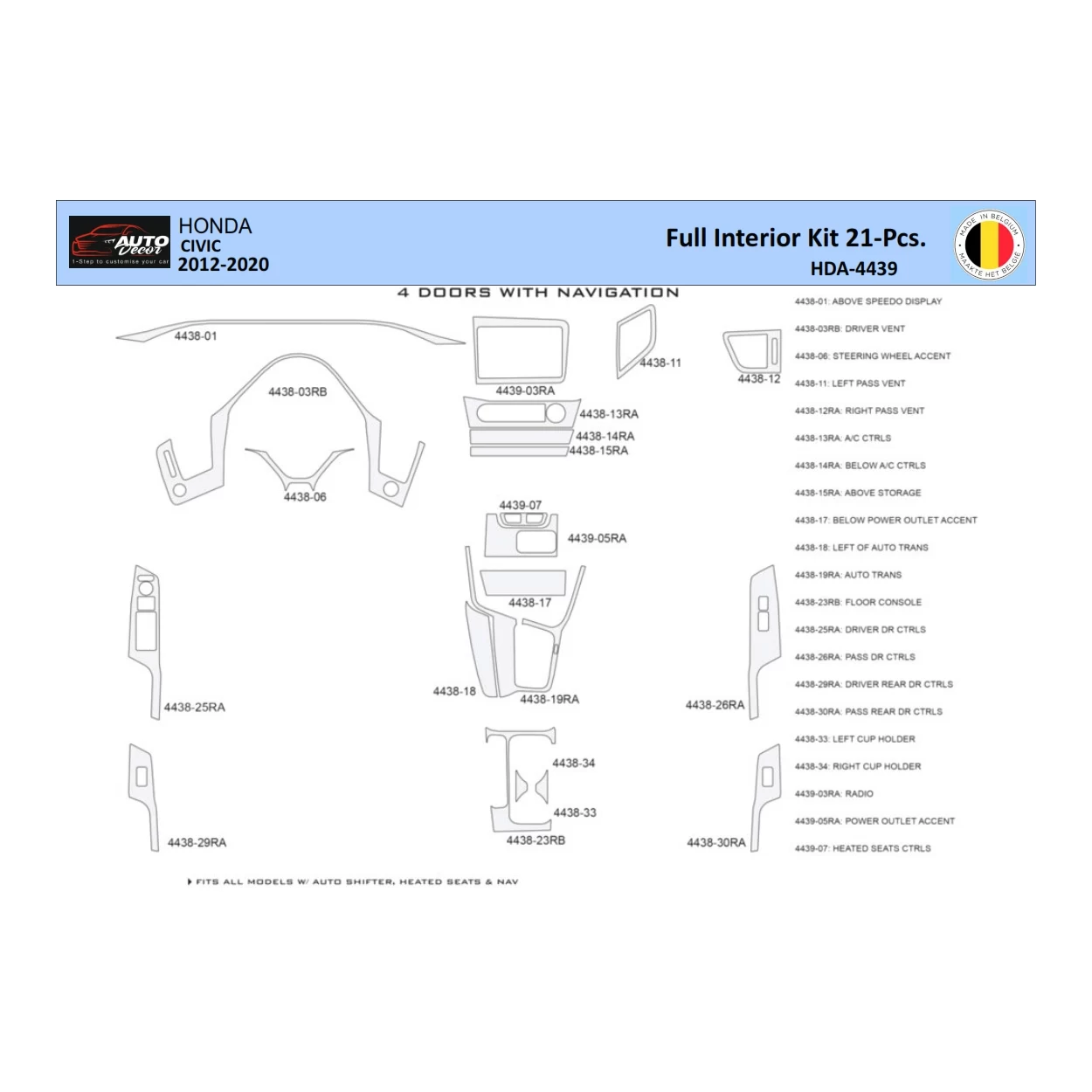 Honda Civic X 2012-2015 Interior WHZ Dashboard trim kit 21 Parts