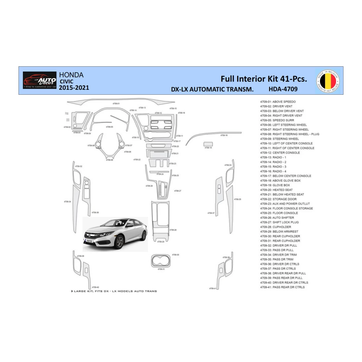 Honda Civic XI 2015-2021 Interior WHZ Dashboard trim kit 41 Parts