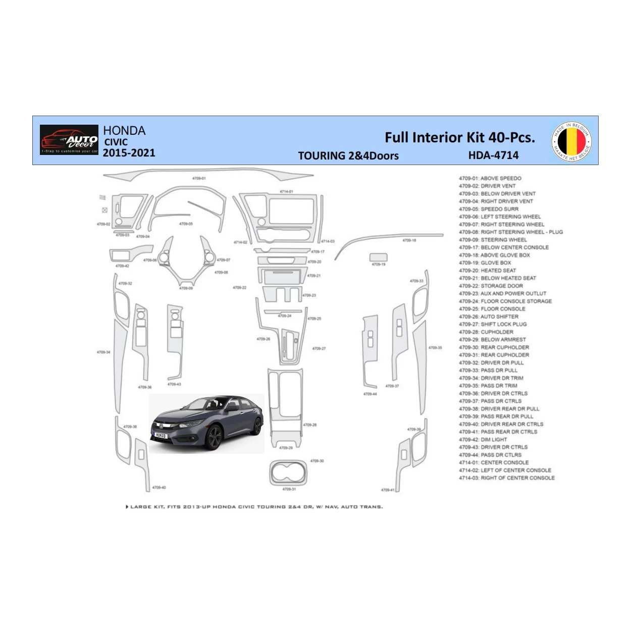 Honda Civic XI 2015-2021 Interior WHZ Dashboard trim kit 40 Parts