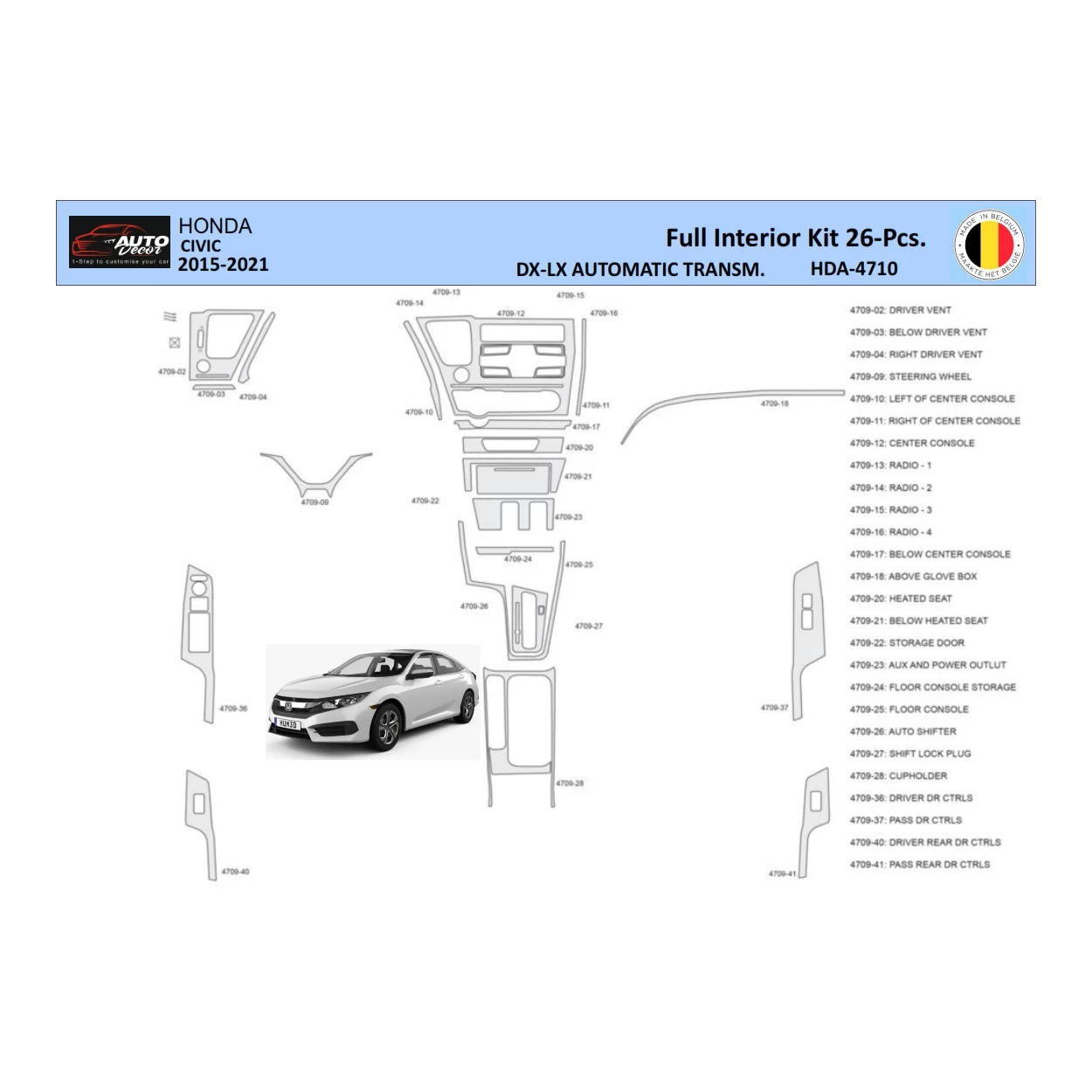 Honda Civic XI 2015-2021 Interior WHZ Dashboard trim kit 26 Parts