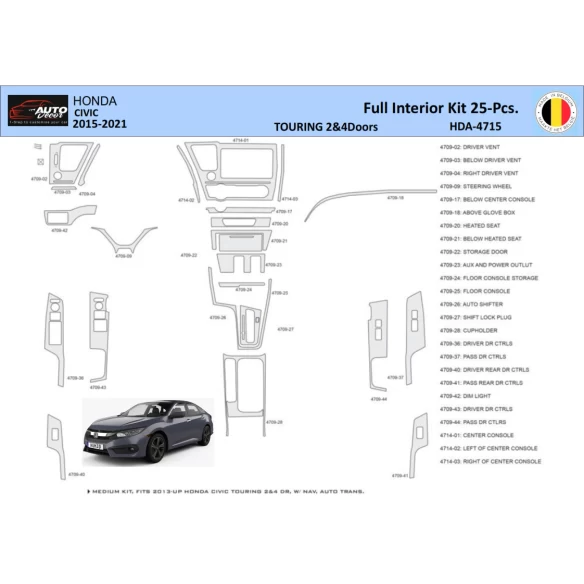 Honda Civic XI 2015-2021 Interior WHZ Dashboard trim kit 25 Parts