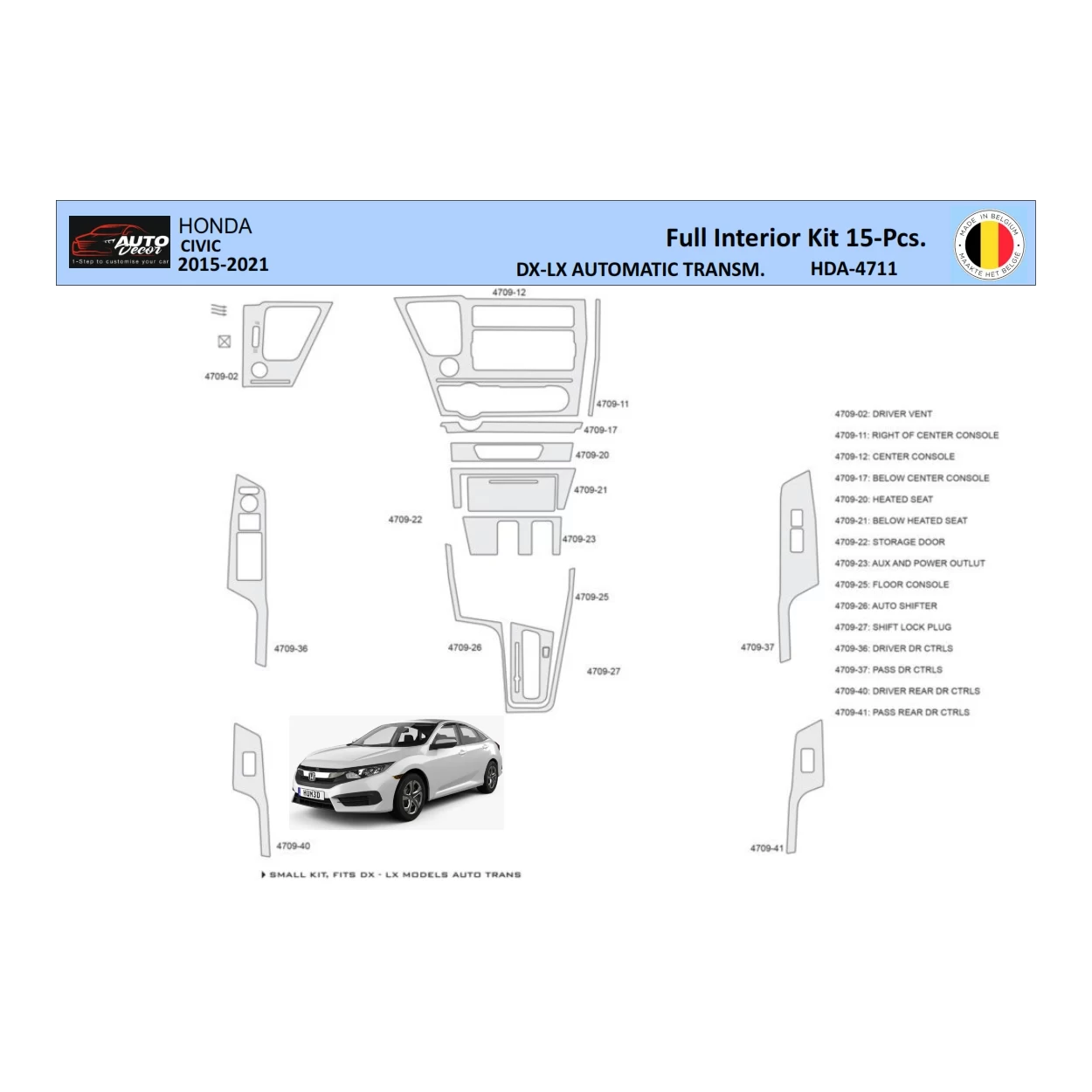 Honda Civic XI 2015-2021 Interior WHZ Dashboard trim kit 15 Parts