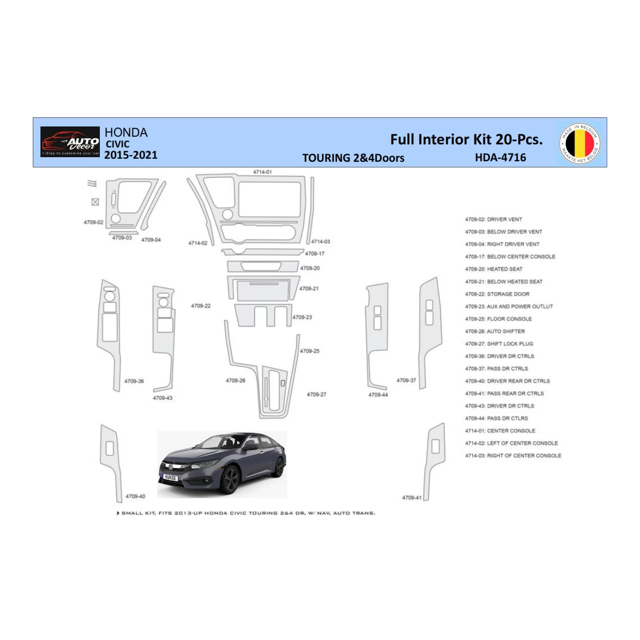 Honda Civic XI 2015-2021 Interior WHZ Dashboard trim kit 20 Parts