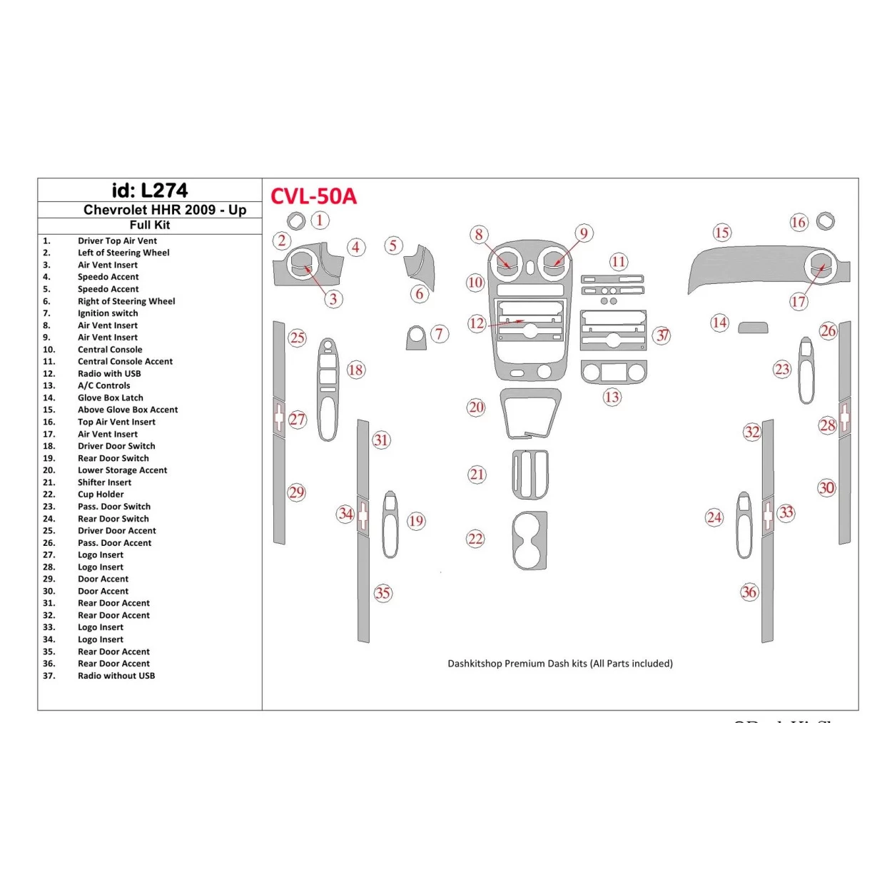 Chevrolet HHR 2009-UP Full Set Interior BD Dash Trim Kit