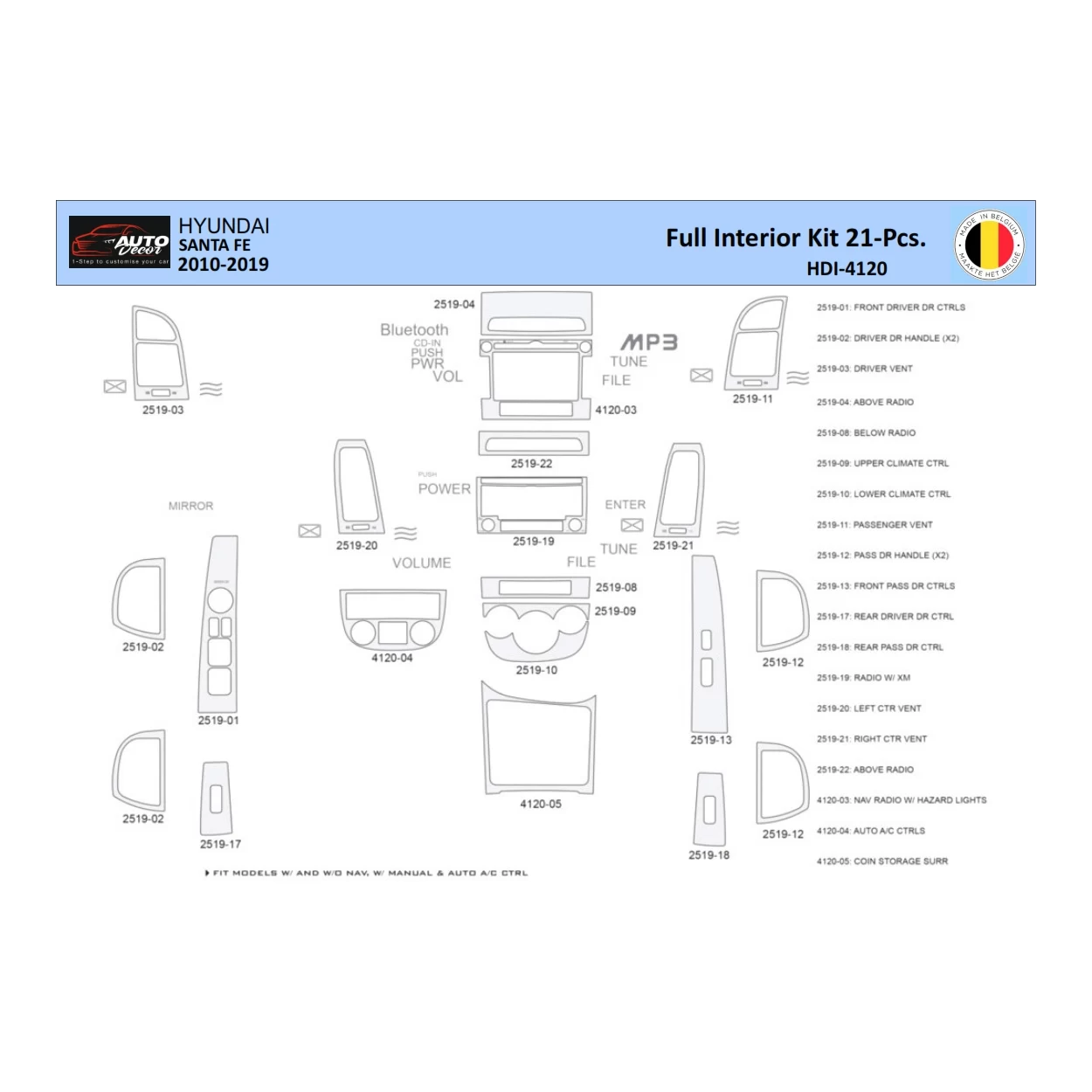 Hyundai Santa Fe 2010-2012 Interior WHZ Dashboard trim kit 21 Parts