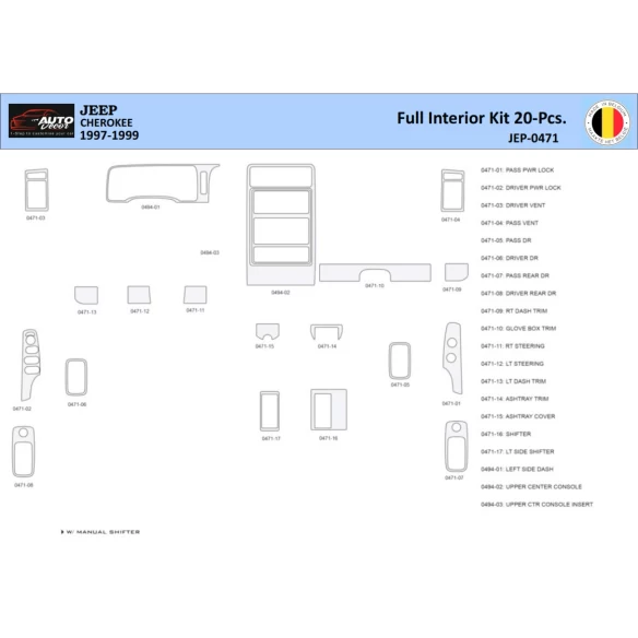 Jeep Cherokee 1997-1999 Interior WHZ Dashboard trim kit 20 Parts