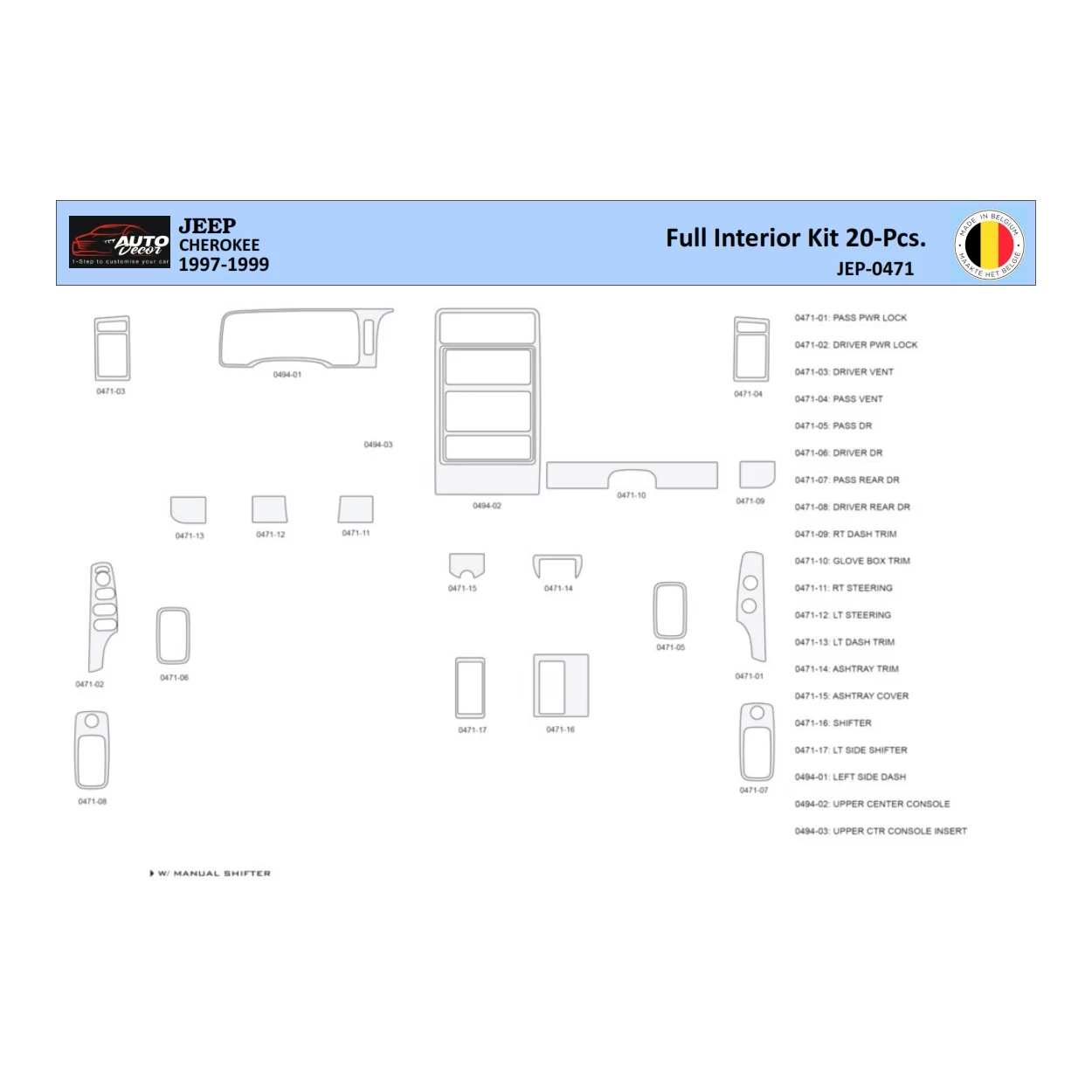 Jeep Cherokee 1997-1999 Interior WHZ Dashboard trim kit 20 Parts