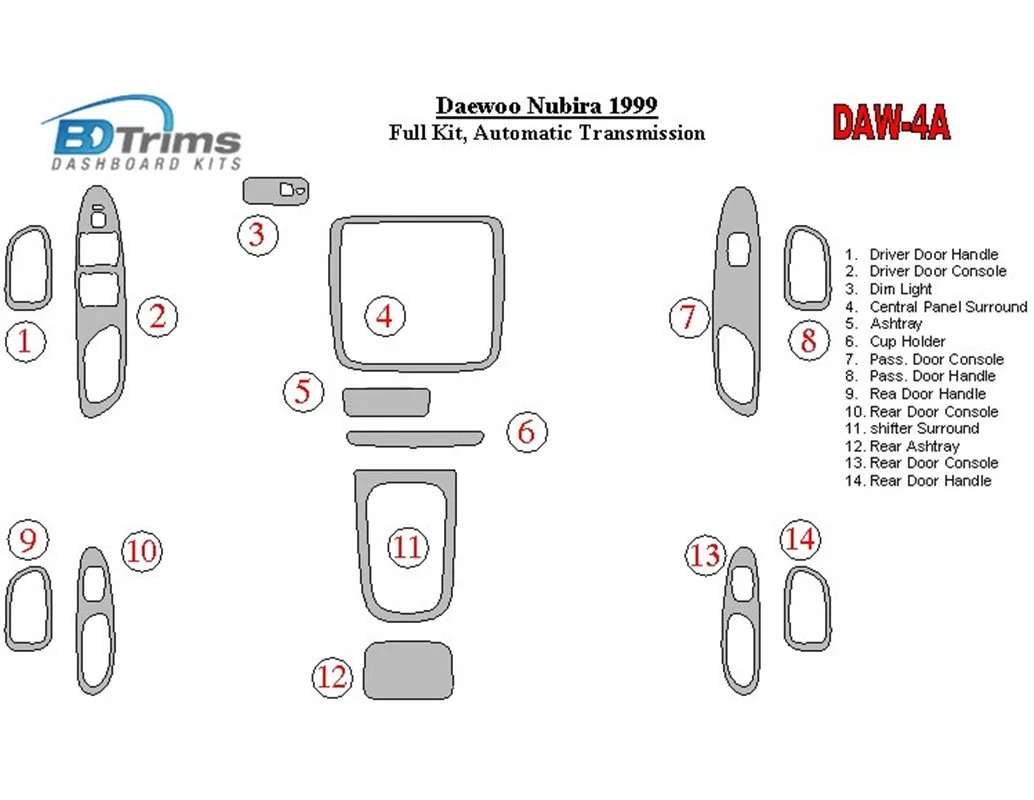 Daewoo Nubira 1999-1999 Full Set, Automatic Gear Interior BD Dash Trim Kit - 1 - Interior Dash Trim Kit