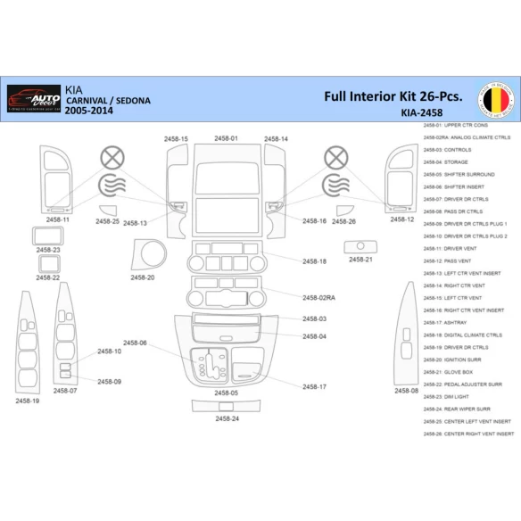 Kia Carnival 2005-2014 Interior WHZ Dashboard trim kit 26 Parts
