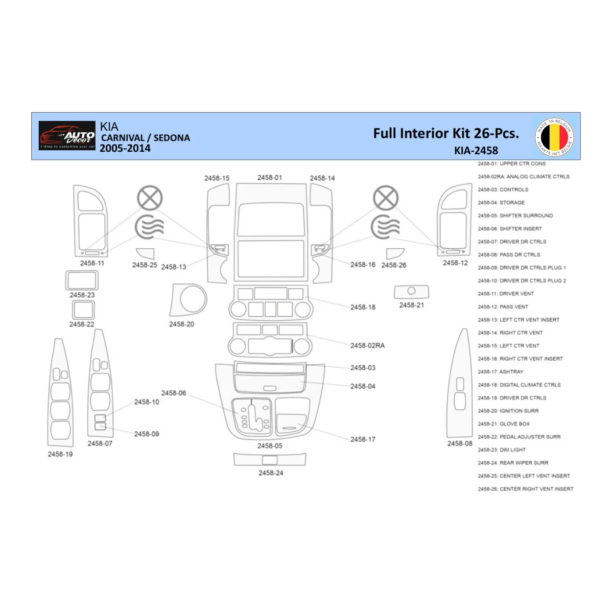 Kia Carnival 2005-2014 Interior WHZ Dashboard trim kit 26 Parts