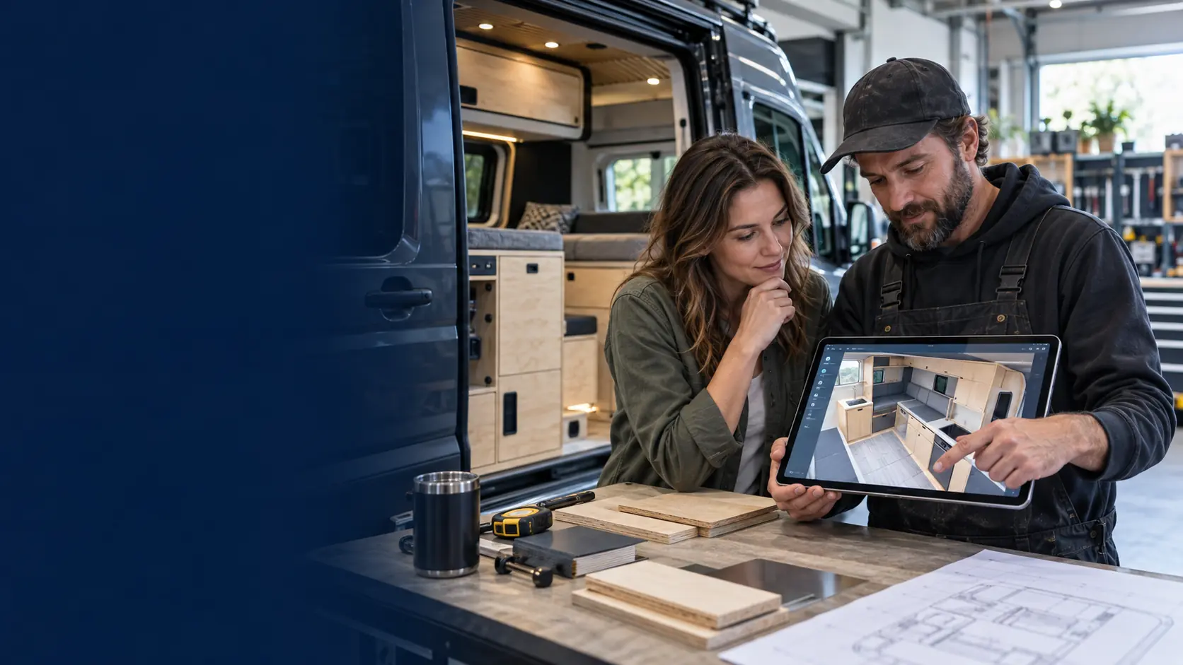 A campervan owner and professional reviewing a realistic digital 3D conversion layout beside the van build.