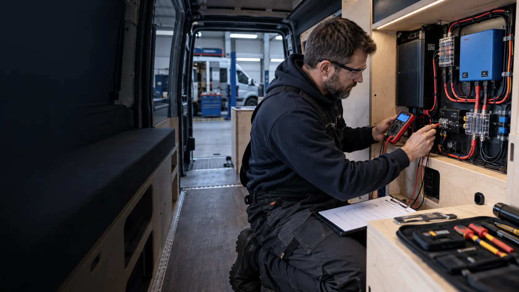 A professional technician documenting safety checks inside a converted campervan.